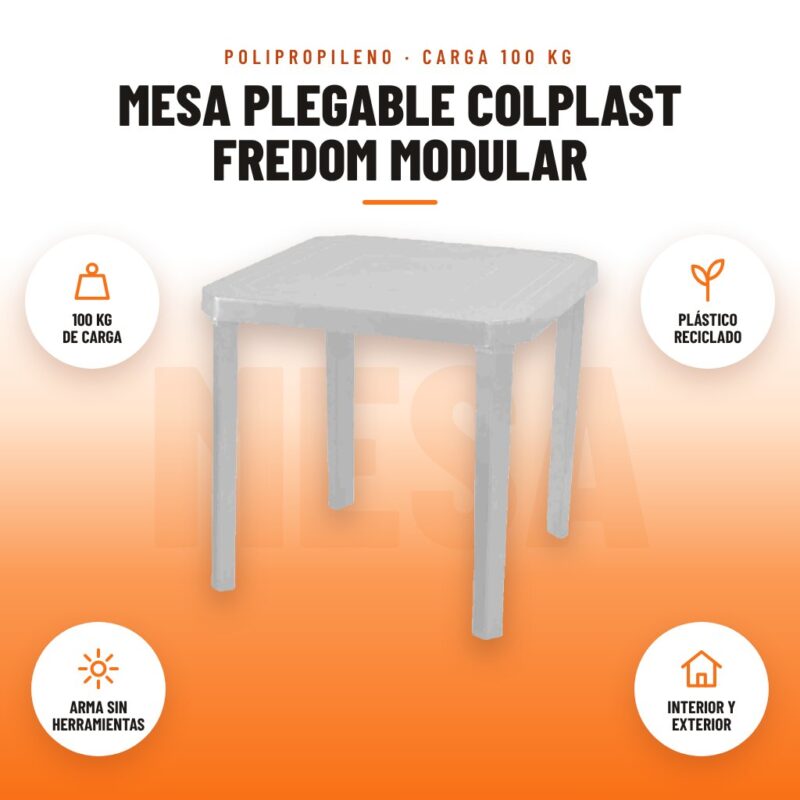 Mesa Plegable Colplast Fredom Modular: imagen promocional con 100 kg de carga, plástico reciclado, arma sin herramientas, interior y exterior