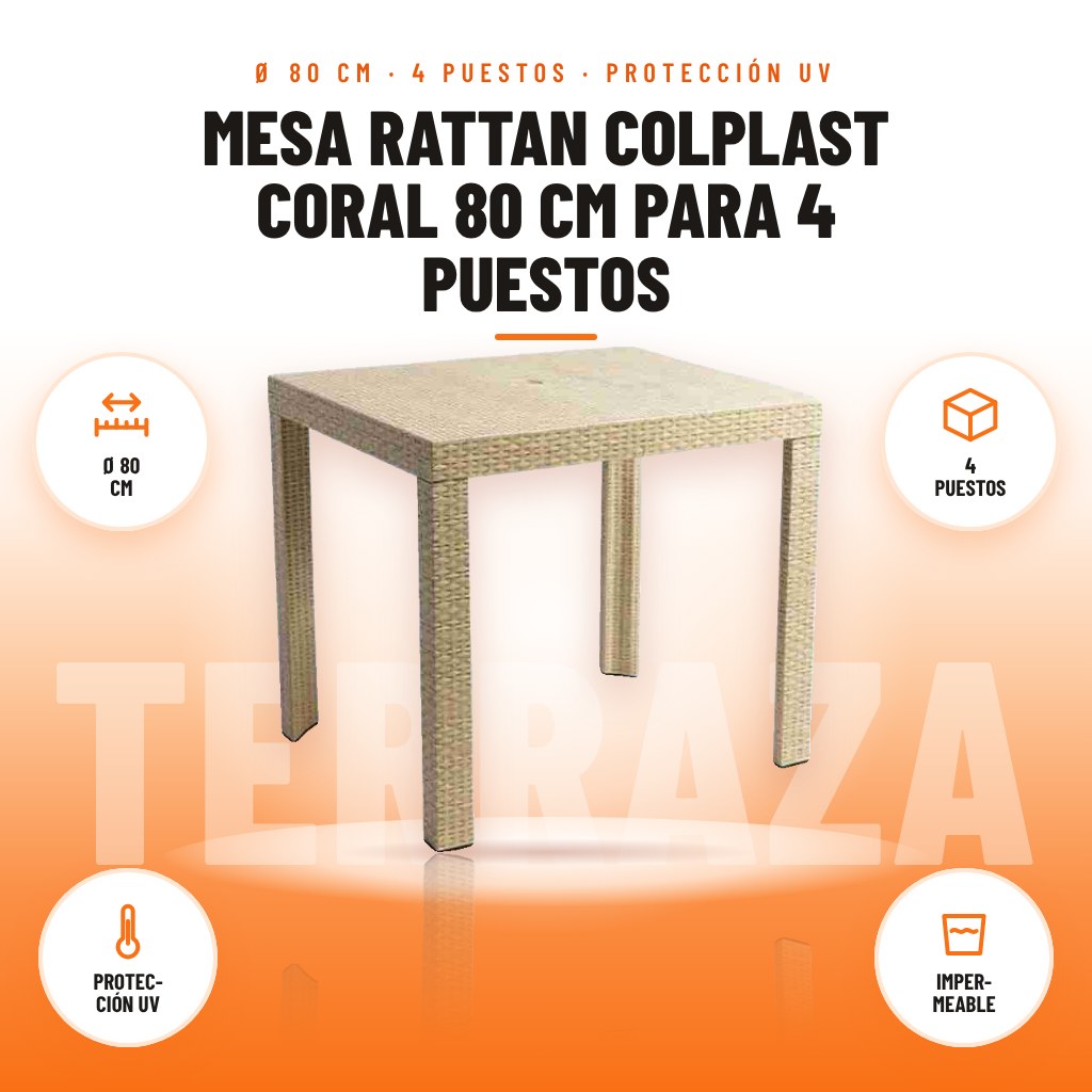 Mesa Rattan Colplast Coral 80 cm para 4 Puestos: imagen promocional con ø 80 cm, 4 puestos, protec- ción uv, imper- meable