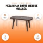Mesa Rimax Lotus Wengue Ovalada: imagen promocional con 200 × 85 cm, 150 kg de carga, filtro uv, interior y exterior