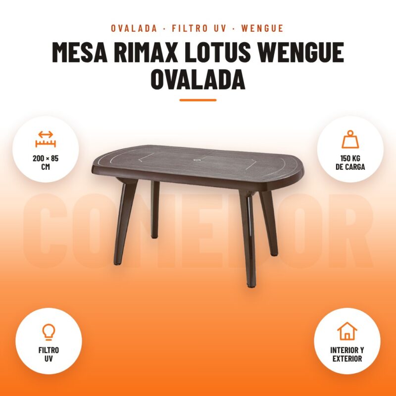 Mesa Rimax Lotus Wengue Ovalada: imagen promocional con 200 × 85 cm, 150 kg de carga, filtro uv, interior y exterior