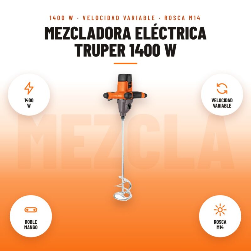 Mezcladora Eléctrica Truper 1400 W: imagen promocional con 1400 w, velocidad variable, doble mango, rosca m14
