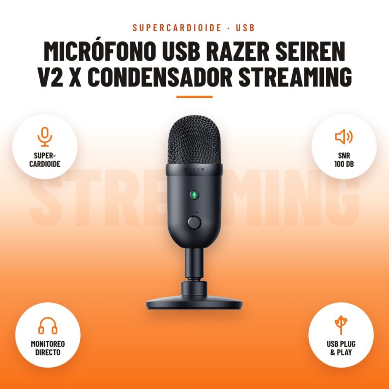 Micrófono USB Razer Seiren V2 X Condensador Streaming: imagen promocional con super- cardioide, snr 100 db, monitoreo directo, usb plug & play