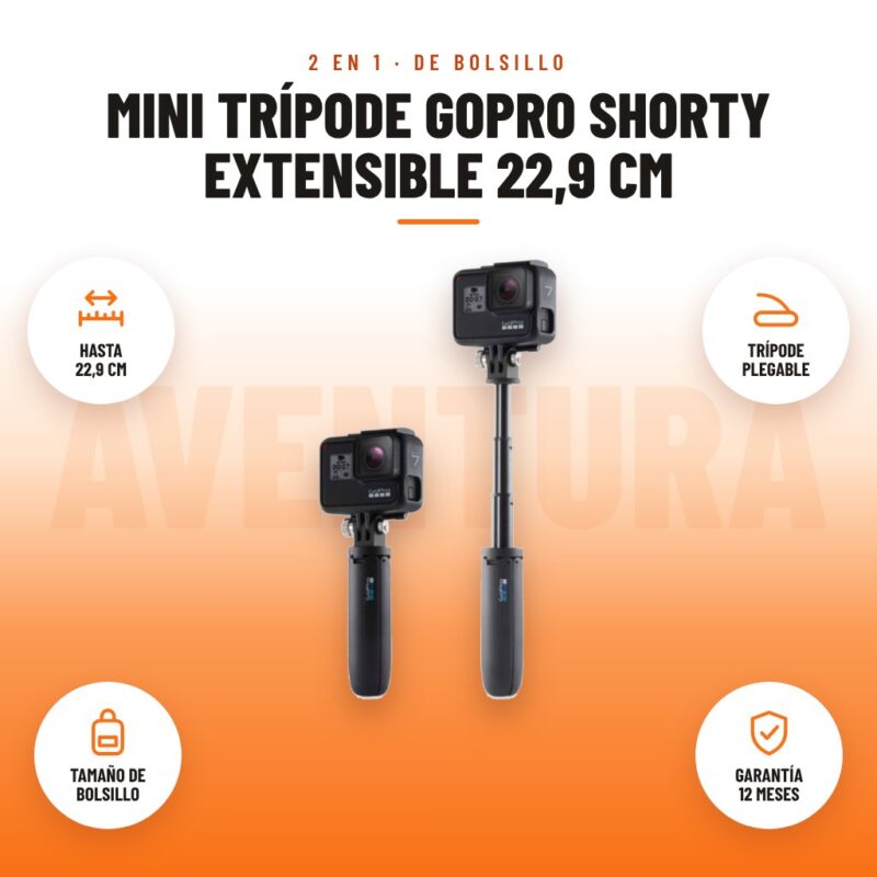 Mini Trípode GoPro Shorty Extensible 22,9 cm: imagen promocional con hasta 22,9 cm, trípode plegable, tamaño de bolsillo, garantía 12 meses