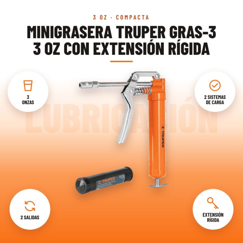 Minigrasera Truper GRAS-3 3 oz con Extensión Rígida: imagen promocional con 3 onzas, 2 sistemas de carga, 2 salidas, extensión rígida