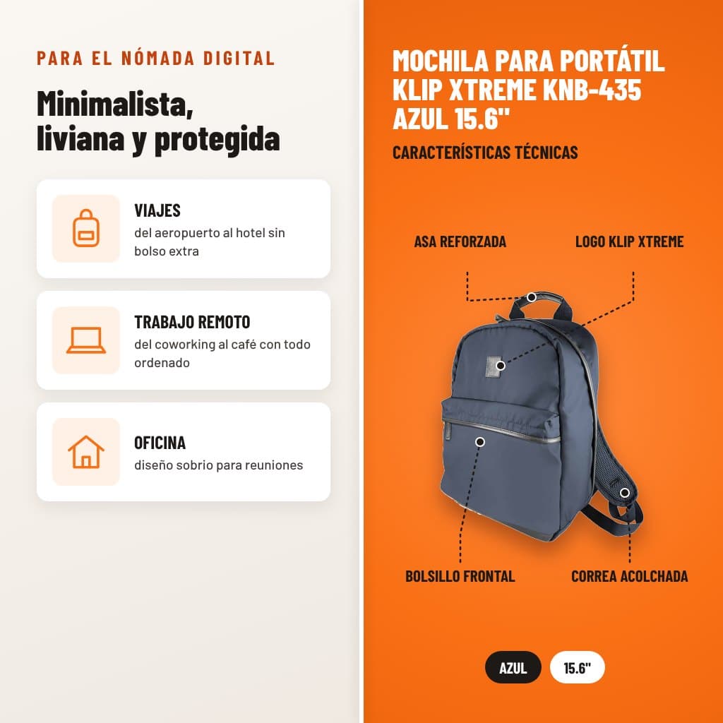 Mochila para Portátil Klip Xtreme KNB-435 Azul 15.6": usos y características técnicas señaladas