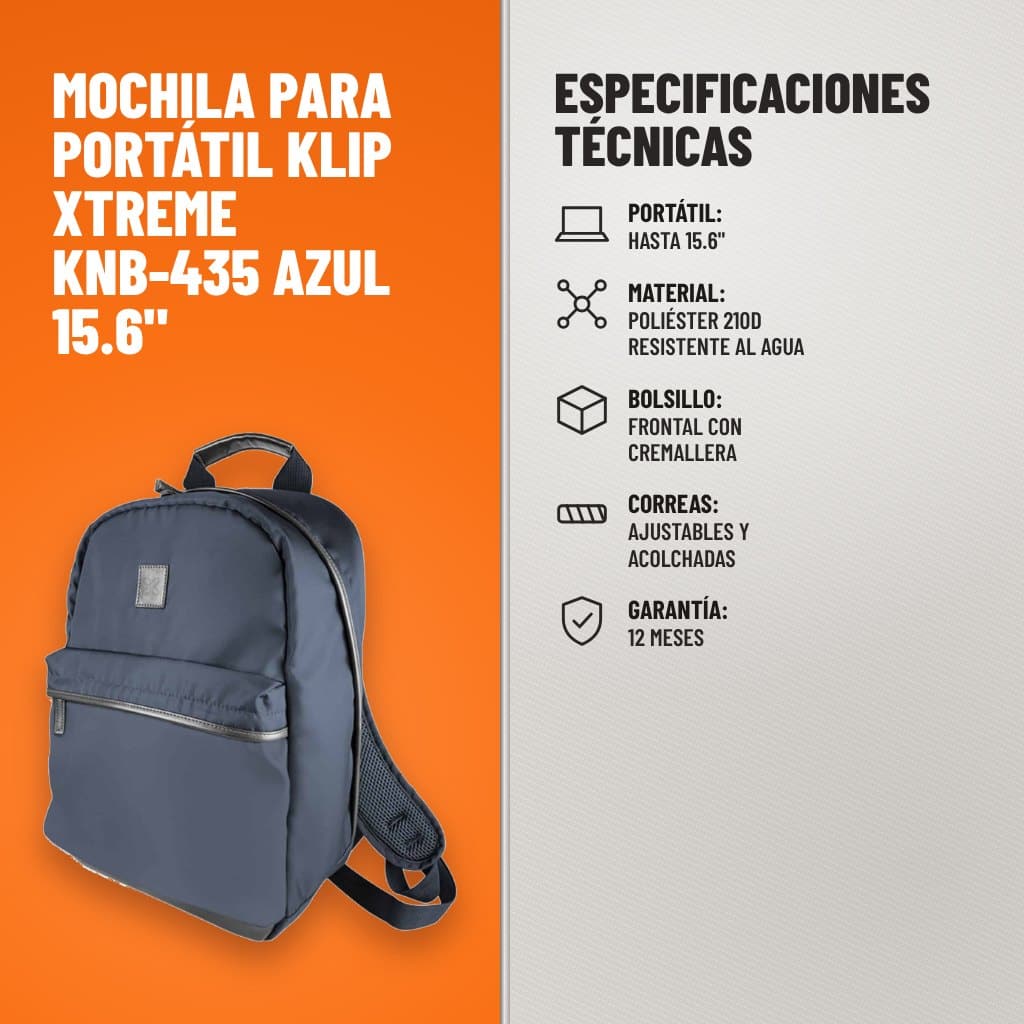 Especificaciones técnicas de Mochila para Portátil Klip Xtreme KNB-435 Azul 15.6"