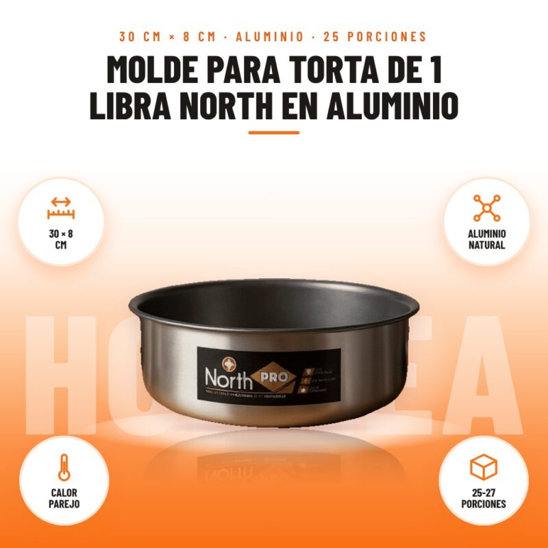 Molde para Torta de 1 Libra North en Aluminio: imagen promocional con 30 × 8 cm, aluminio natural, calor parejo, 25-27 porciones