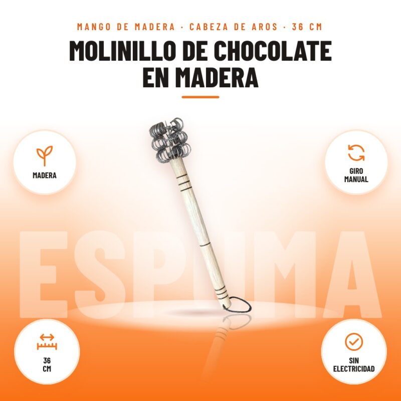 Molinillo de Chocolate en Madera: imagen promocional con madera, giro manual, 36 cm, sin electricidad