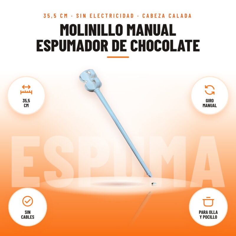 Molinillo Manual Espumador de Chocolate: imagen promocional con 35,5 cm, giro manual, sin cables, para olla y pocillo