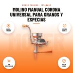 Molino Manual Corona Universal para Granos y Especias: imagen promocional con hierro fundido, estaño 99,96 %, sin electricidad, hasta 5 años