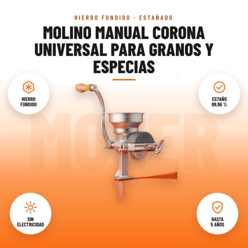 Molino Manual Corona Universal para Granos y Especias: imagen promocional con hierro fundido, estaño 99,96 %, sin electricidad, hasta 5 años