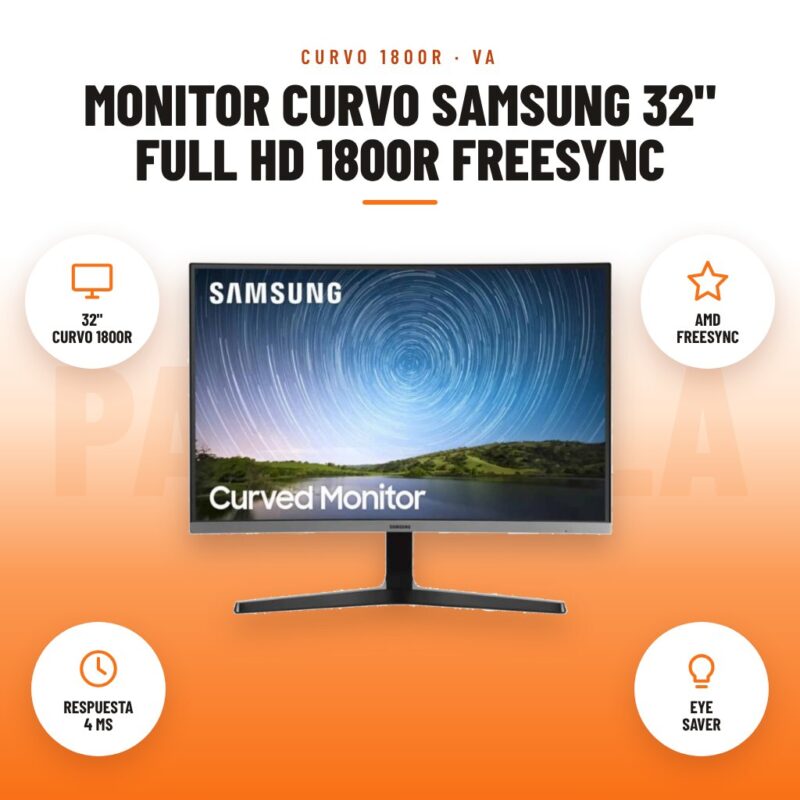 Monitor Curvo Samsung 32" Full HD 1800R FreeSync: imagen promocional con 32" curvo 1800r, amd freesync, respuesta 4 ms, eye saver