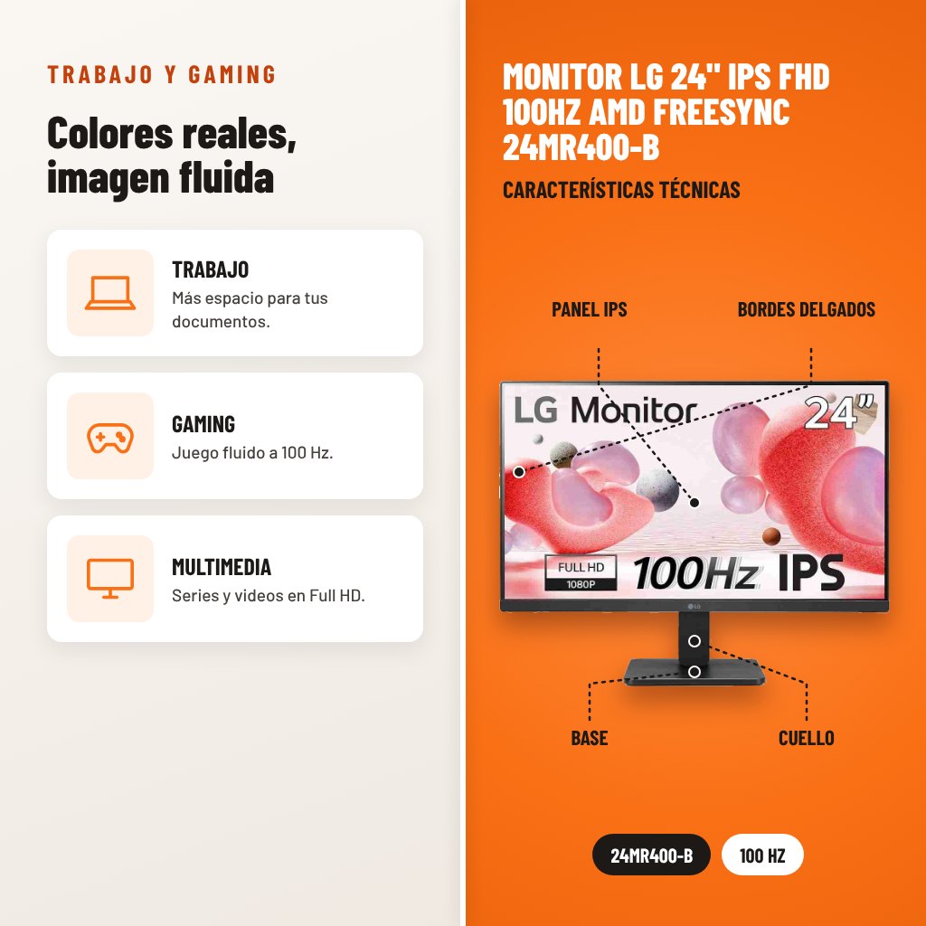 Monitor LG 24" IPS FHD 100Hz AMD FreeSync 24MR400-B: usos y características técnicas señaladas