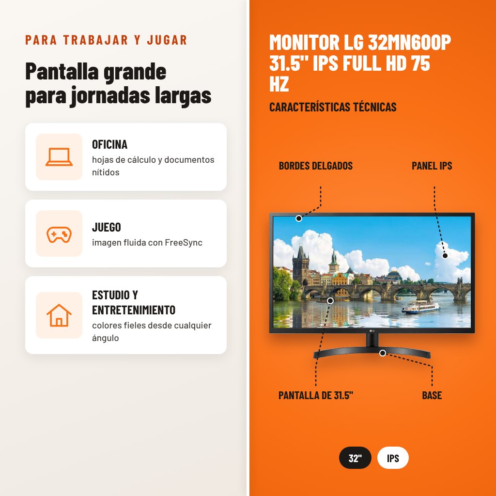 Monitor LG 32MN600P 31.5" IPS Full HD 75 Hz: usos y características técnicas señaladas