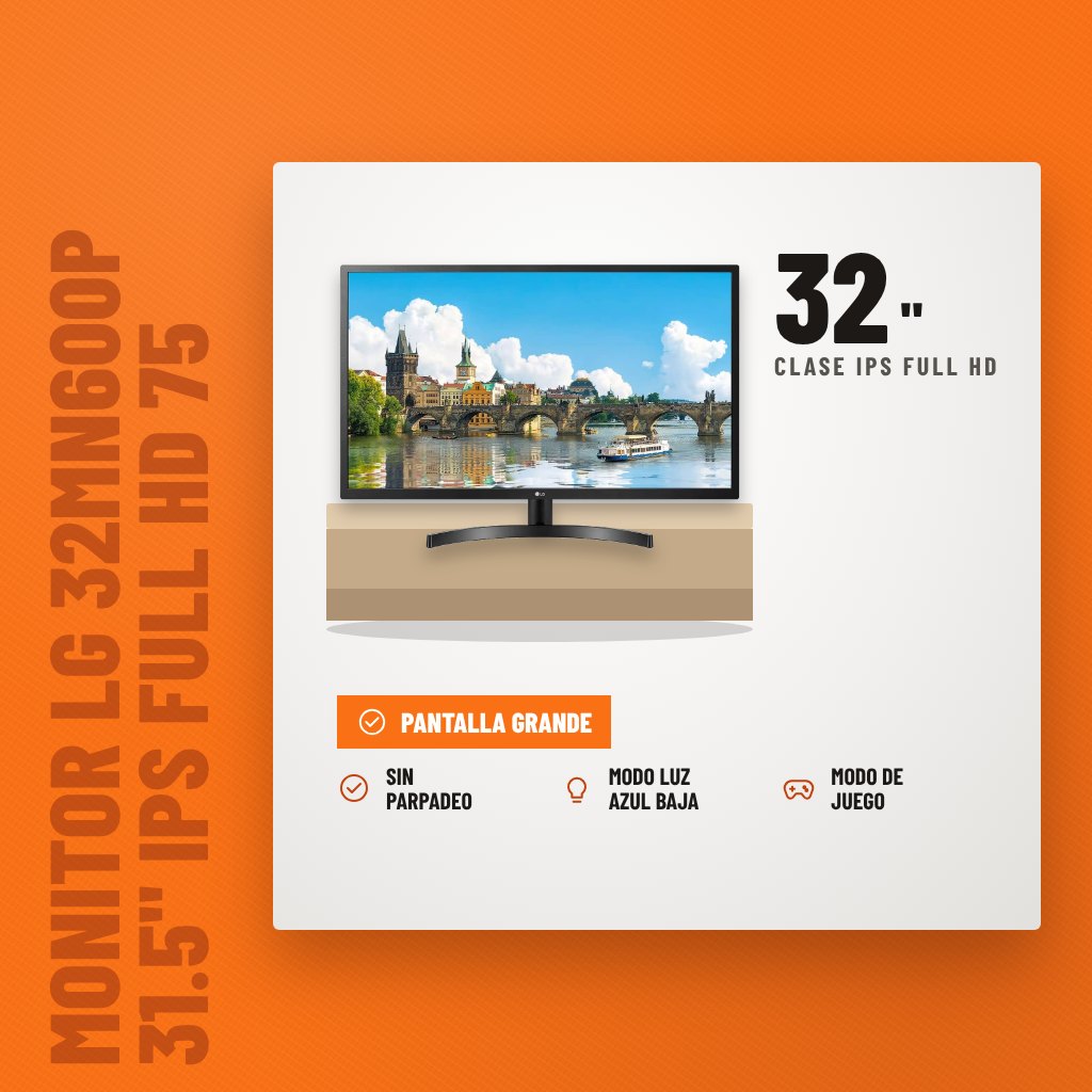 Monitor LG 32MN600P 31.5" IPS Full HD 75 Hz sobre soporte con sus beneficios principales