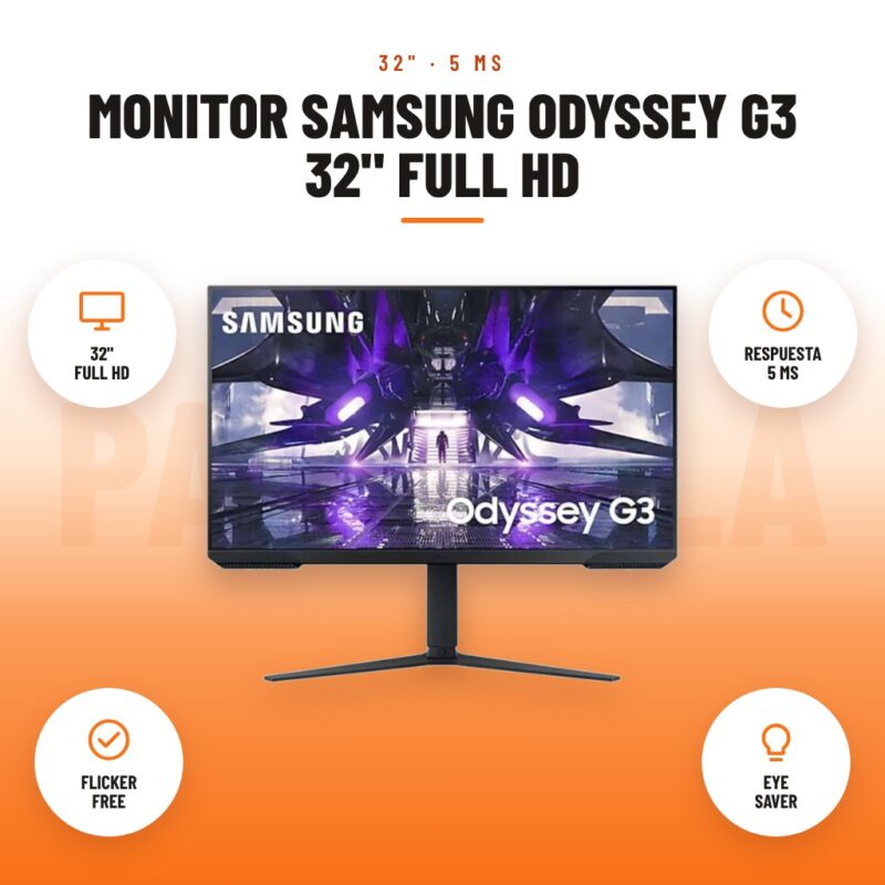 Monitor Samsung Odyssey G3 32" Full HD: imagen promocional con 32" full hd, respuesta 5 ms, flicker free, eye saver