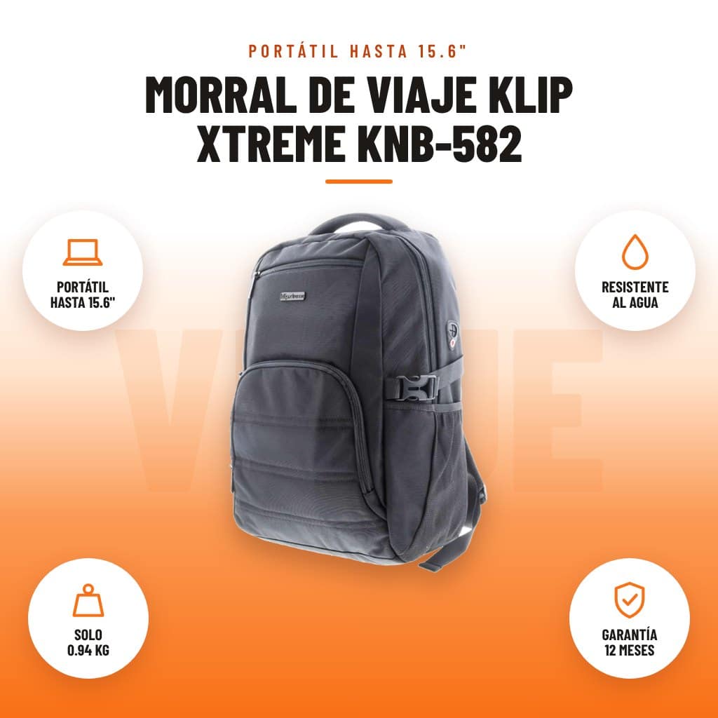 Morral de Viaje Klip Xtreme KNB-582: imagen promocional con portátil hasta 15.6", resistente al agua, solo 0.94 kg, garantía 12 meses