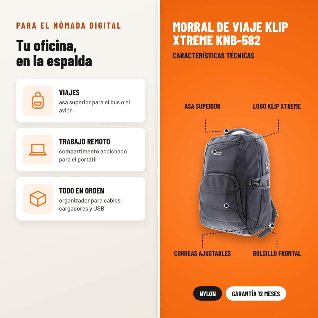 Morral de Viaje Klip Xtreme KNB-582: usos y características técnicas señaladas