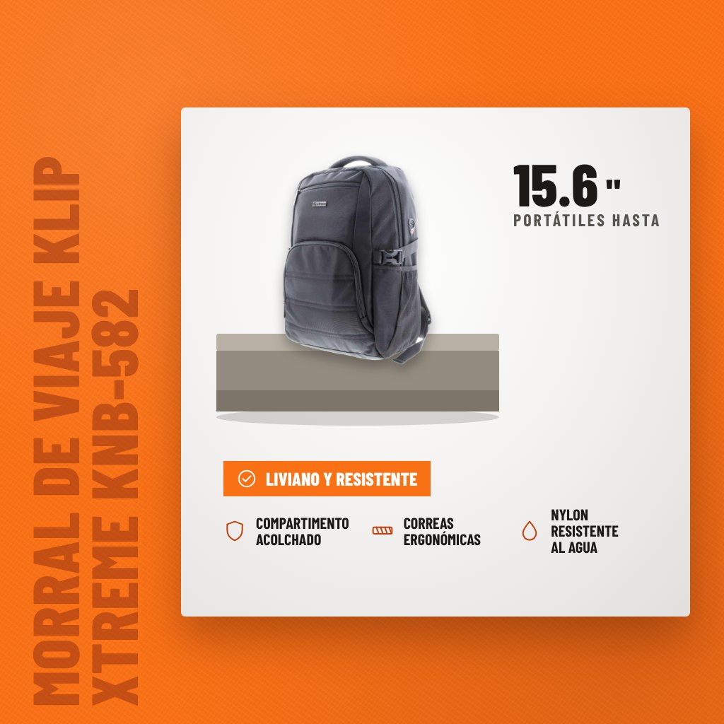 Morral de Viaje Klip Xtreme KNB-582 sobre soporte con sus beneficios principales
