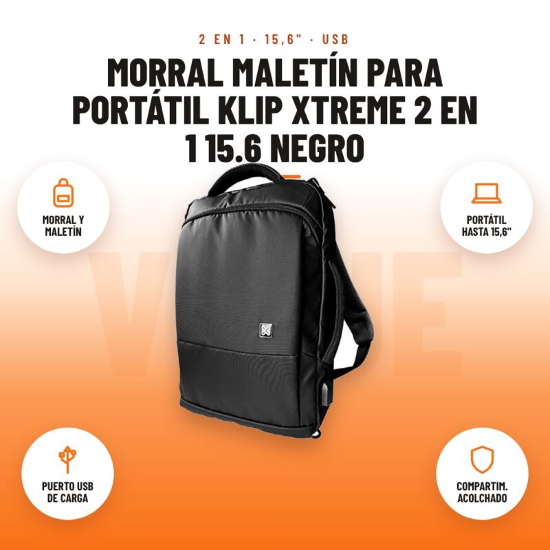Morral Maletín para Portátil Klip Xtreme 2 en 1 15.6 Negro: imagen promocional con morral y maletín, portátil hasta 15,6", puerto usb de carga, compartim. acolchado