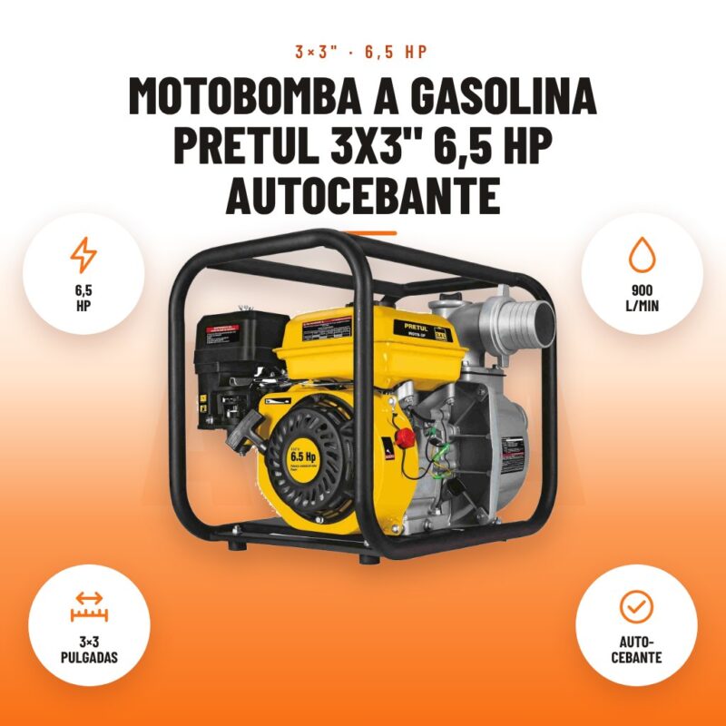 Motobomba a Gasolina Pretul 3x3" 6,5 HP Autocebante: imagen promocional con 6,5 hp, 900 l/min, 3×3 pulgadas, auto- cebante