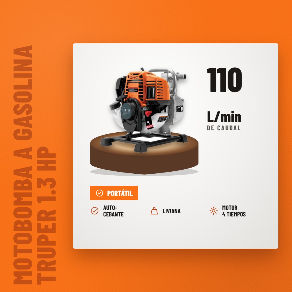 Motobomba a Gasolina Truper 1.3 HP Autocebante 1" sobre soporte con sus beneficios principales