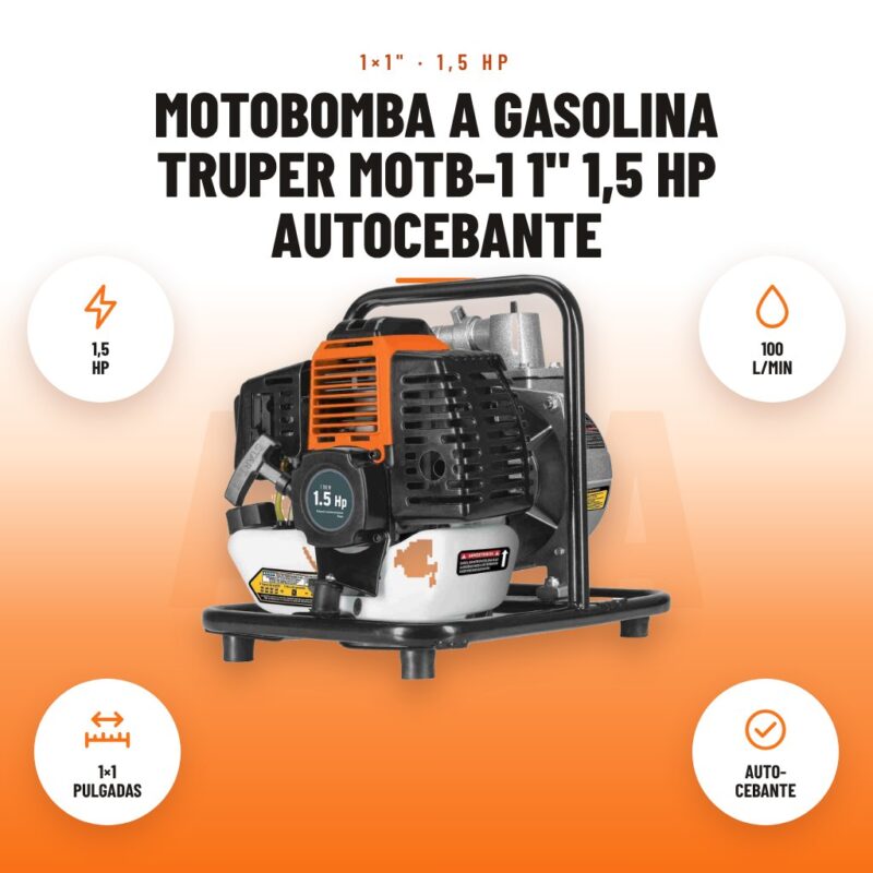 Motobomba a Gasolina Truper MOTB-1 1" 1,5 HP Autocebante: imagen promocional con 1,5 hp, 100 l/min, 1×1 pulgadas, auto- cebante