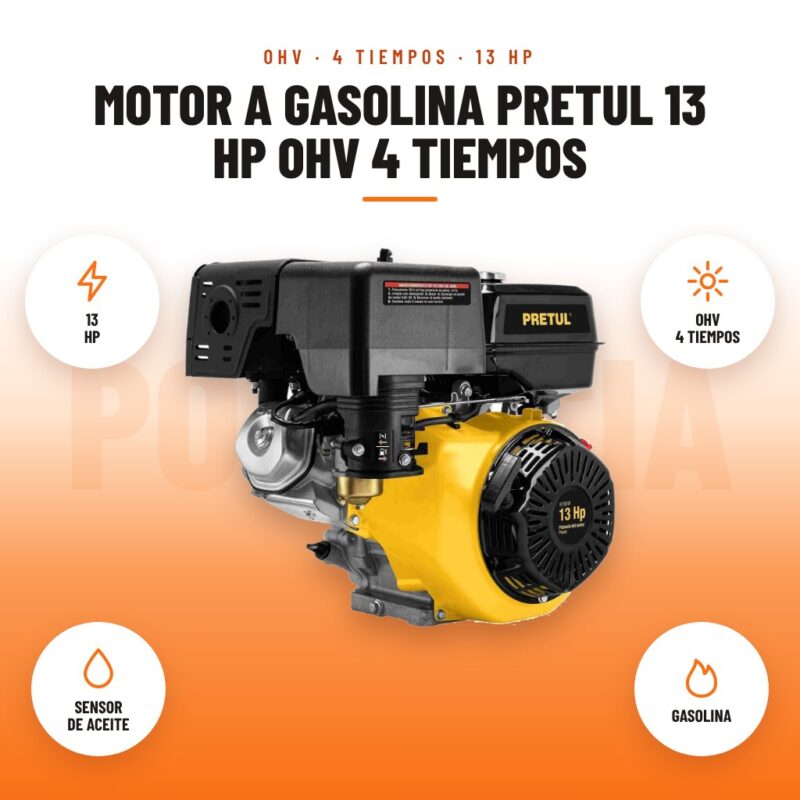Motor a Gasolina Pretul 13 HP OHV 4 Tiempos: imagen promocional con 13 hp, ohv 4 tiempos, sensor de aceite, gasolina