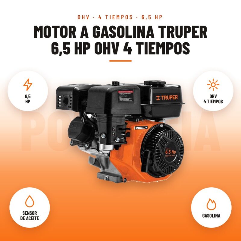 Motor a Gasolina Truper 6,5 HP OHV 4 Tiempos: imagen promocional con 6,5 hp, ohv 4 tiempos, sensor de aceite, gasolina