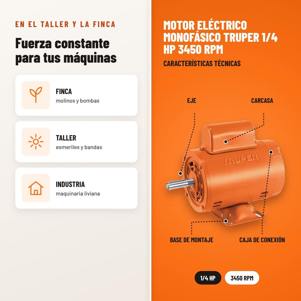 Motor Eléctrico Monofásico Truper 1/4 HP 3450 RPM: usos y características técnicas señaladas