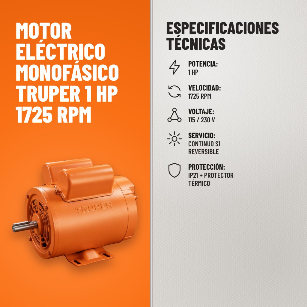 Especificaciones técnicas de Motor Eléctrico Monofásico Truper 1 HP 1725 RPM