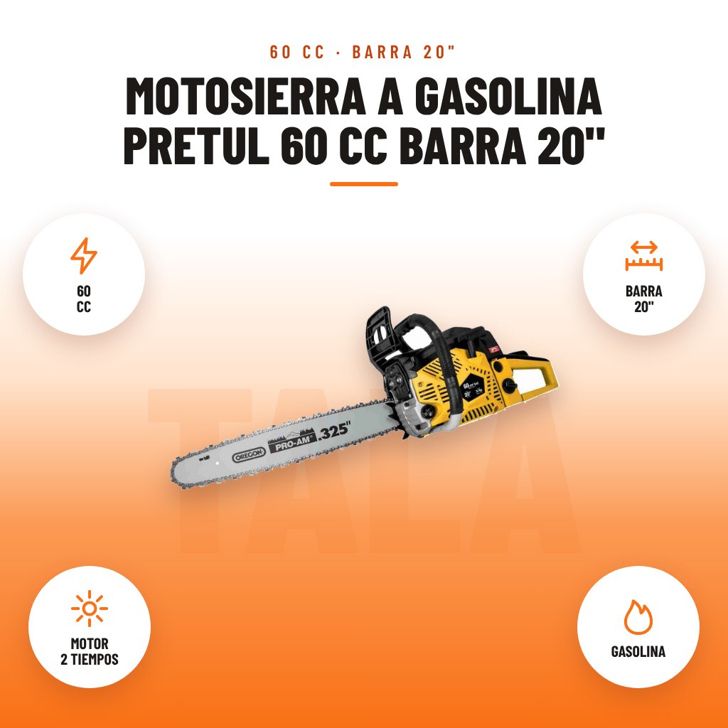 Motosierra a Gasolina Pretul 60 cc Barra 20": imagen promocional con 60 cc, barra 20", motor 2 tiempos, gasolina