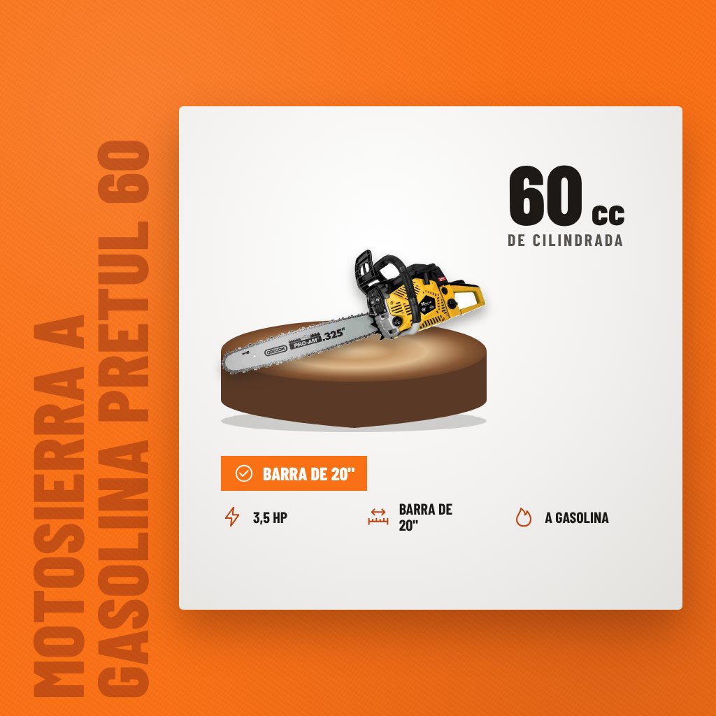 Motosierra a Gasolina Pretul 60 cc Barra 20" sobre soporte con sus beneficios principales