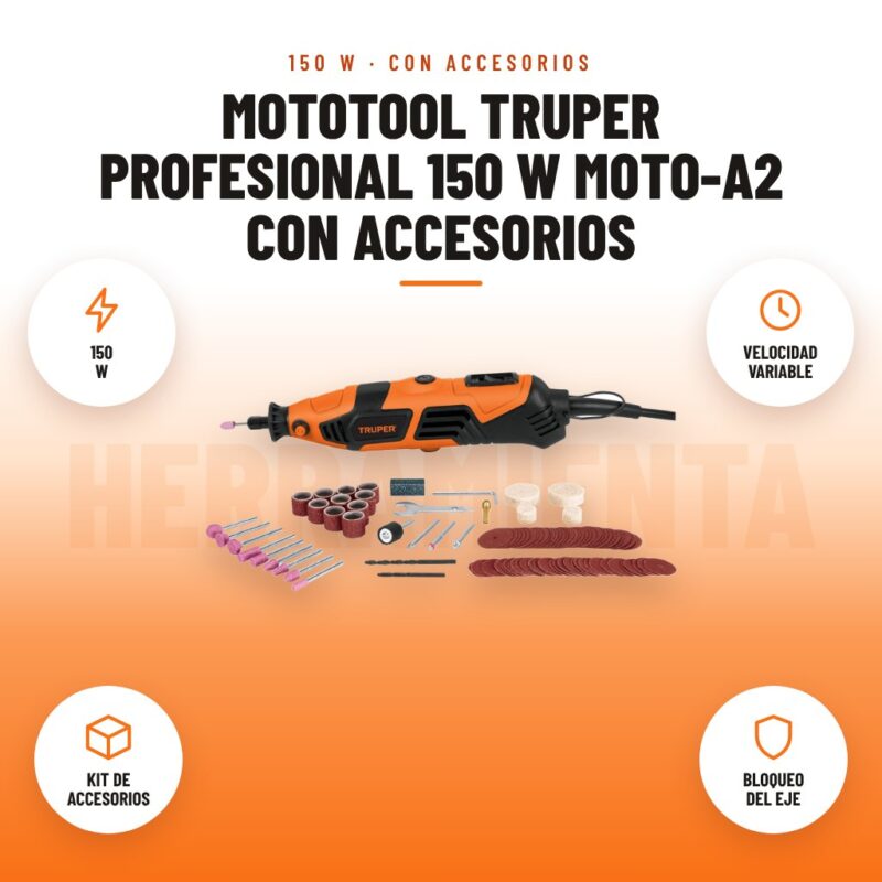 Mototool Truper Profesional 150 W MOTO-A2 con Accesorios: imagen promocional con 150 w, velocidad variable, kit de accesorios, bloqueo del eje