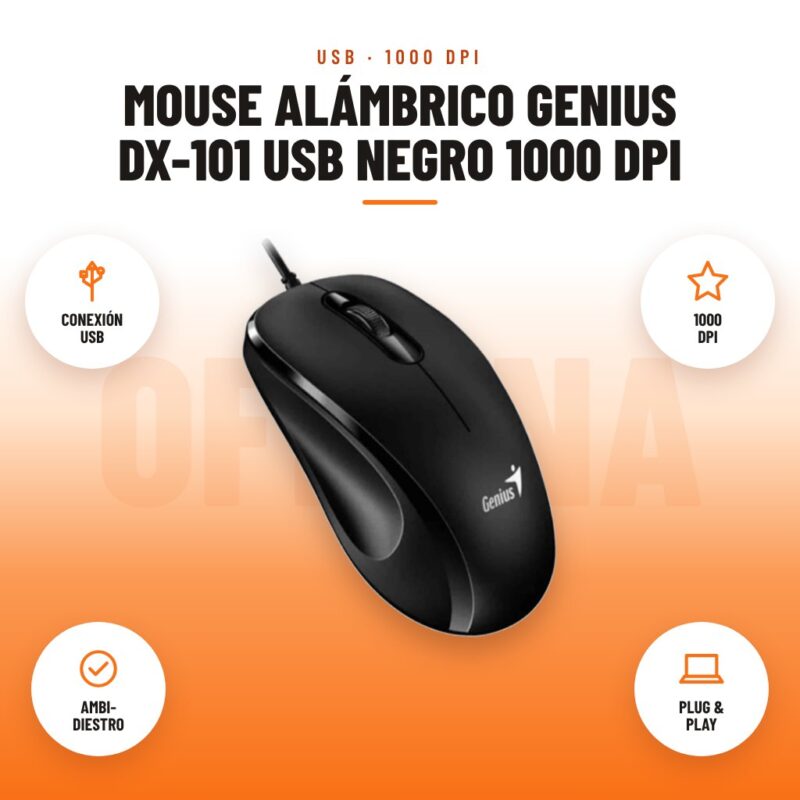 Mouse Alámbrico Genius DX-101 USB Negro 1000 DPI: imagen promocional con conexión usb, 1000 dpi, ambi- diestro, plug & play