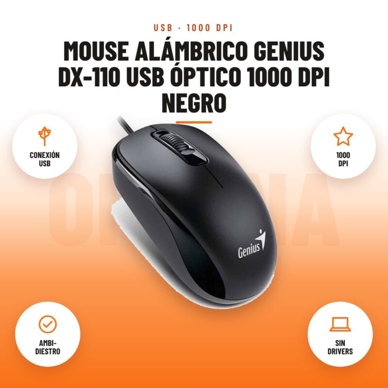 Mouse Alámbrico Genius DX-110 USB Óptico 1000 DPI Negro: imagen promocional con conexión usb, 1000 dpi, ambi- diestro, sin drivers