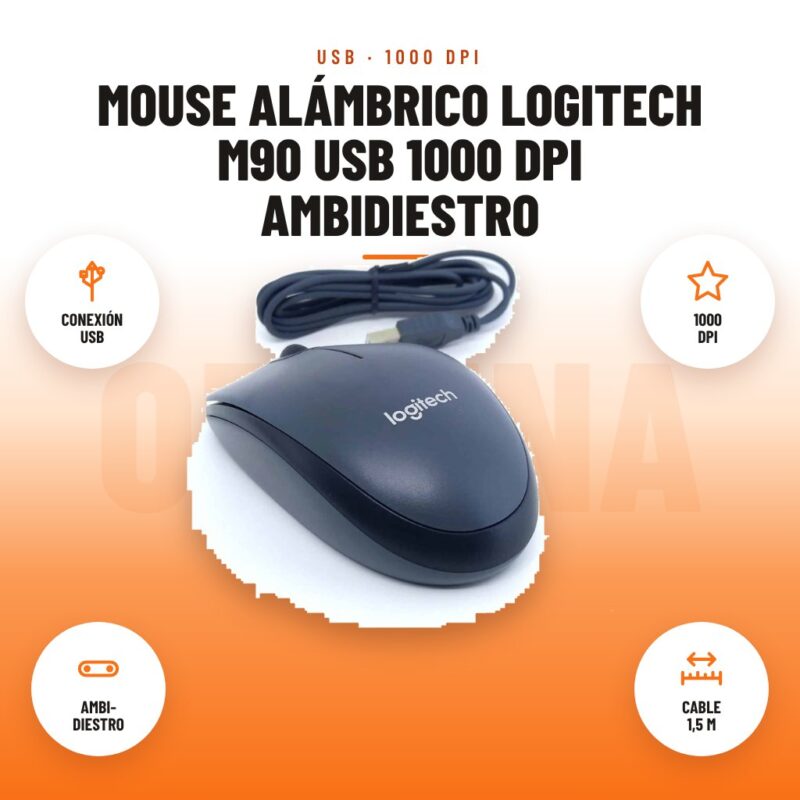 Mouse Alámbrico Logitech M90 USB 1000 DPI Ambidiestro: imagen promocional con conexión usb, 1000 dpi, ambi- diestro, cable 1,5 m