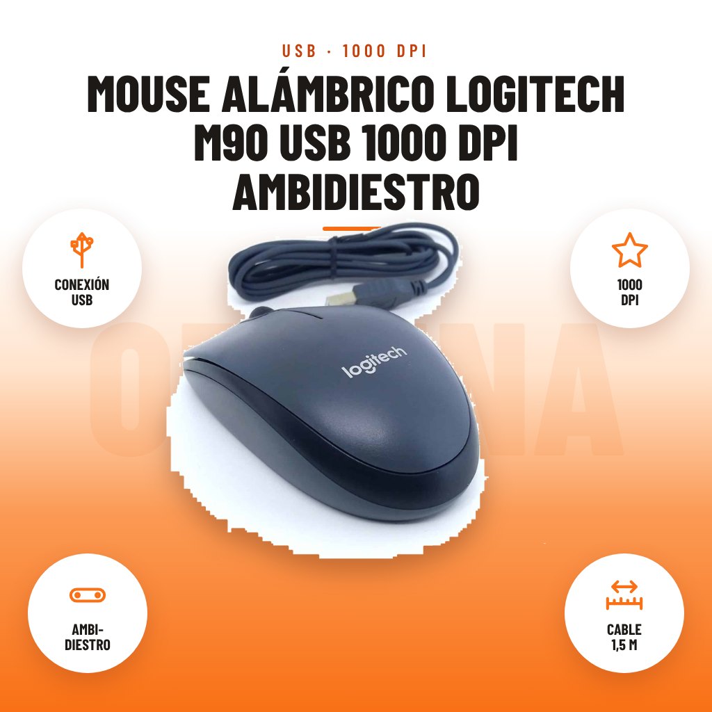 Mouse Alámbrico Logitech M90 USB 1000 DPI Ambidiestro: imagen promocional con conexión usb, 1000 dpi, ambi- diestro, cable 1,5 m
