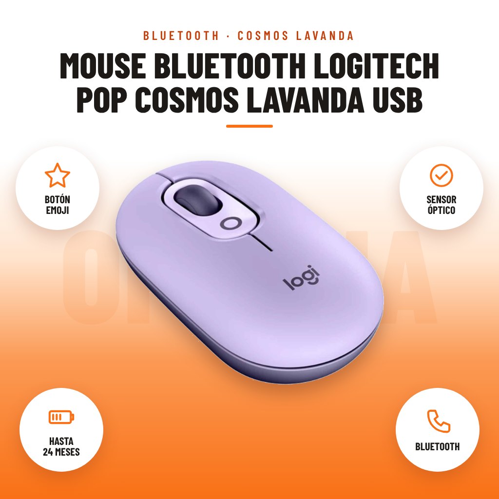 Mouse Bluetooth Logitech POP Cosmos Lavanda USB: imagen promocional con botón emoji, sensor óptico, hasta 24 meses, bluetooth