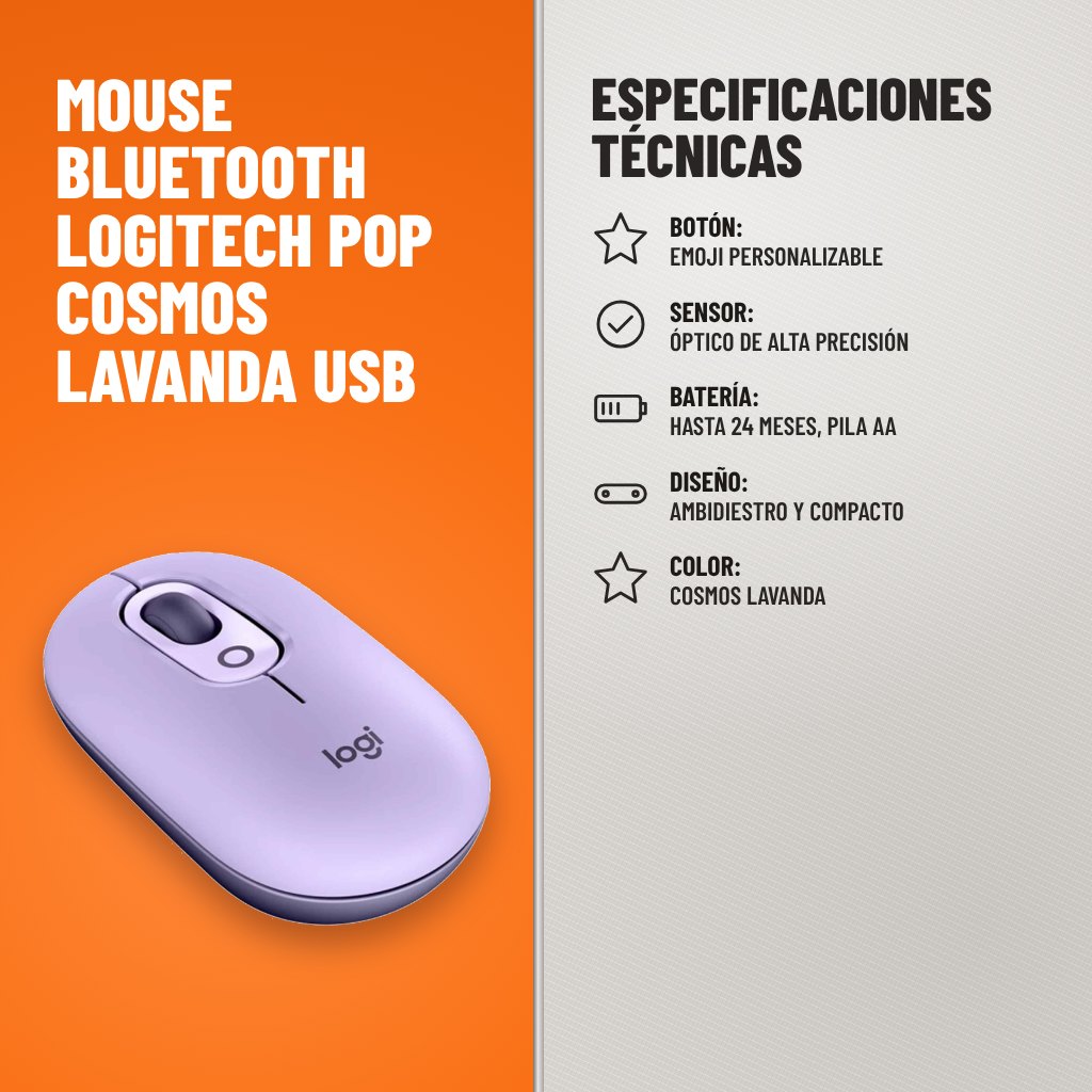 Especificaciones técnicas de Mouse Bluetooth Logitech POP Cosmos Lavanda USB