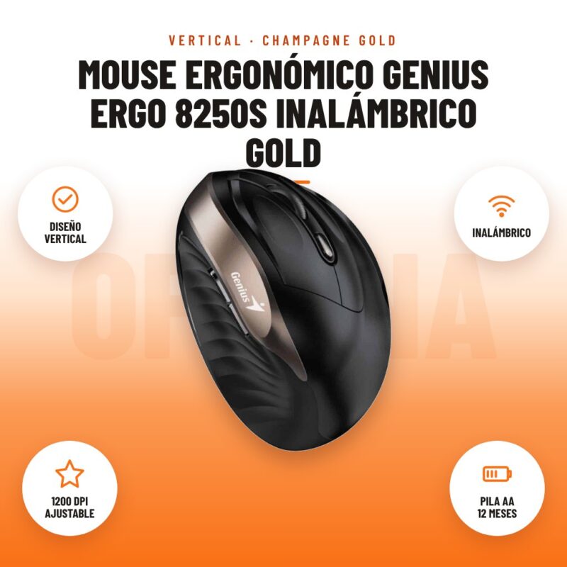 Mouse Ergonómico Genius Ergo 8250S Inalámbrico Gold: imagen promocional con diseño vertical, inalámbrico, 1200 dpi ajustable, pila aa 12 meses