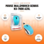 Mouse Inalámbrico Genius NX-7000 Azul: imagen promocional con blueeye 1200 dpi, inalámbrico 2.4 ghz, alcance 10 m, pila aa hasta 12 meses