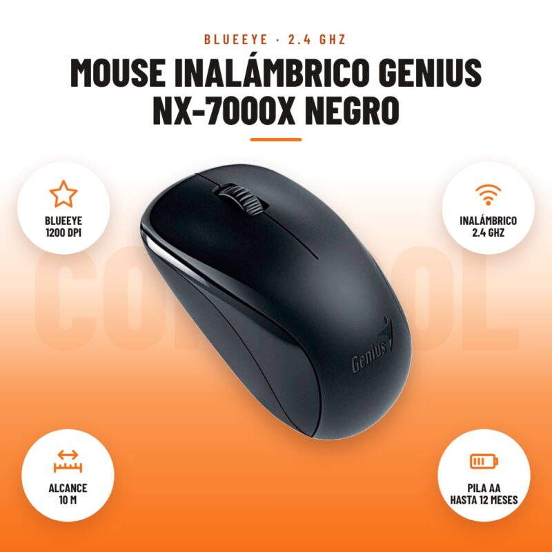 Mouse Inalámbrico Genius NX-7000X Negro: imagen promocional con blueeye 1200 dpi, inalámbrico 2.4 ghz, alcance 10 m, pila aa hasta 12 meses