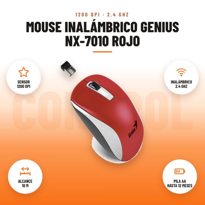 Mouse Inalámbrico Genius NX-7010 Rojo: imagen promocional con sensor 1200 dpi, inalámbrico 2.4 ghz, alcance 10 m, pila aa hasta 12 meses