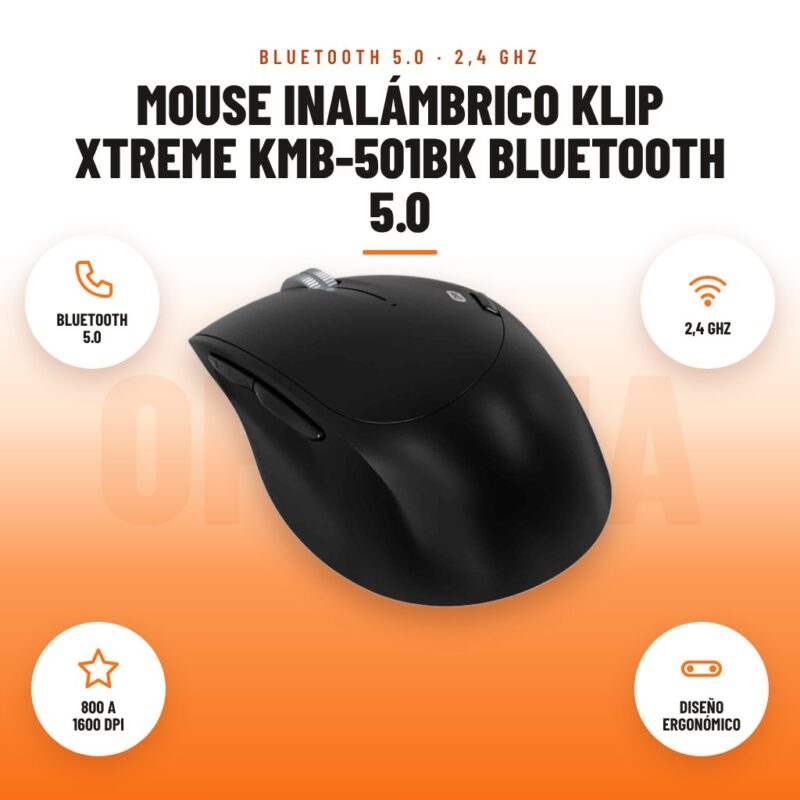 Mouse Inalámbrico Klip Xtreme KMB-501BK Bluetooth 5.0: imagen promocional con bluetooth 5.0, 2,4 ghz, 800 a 1600 dpi, diseño ergonómico