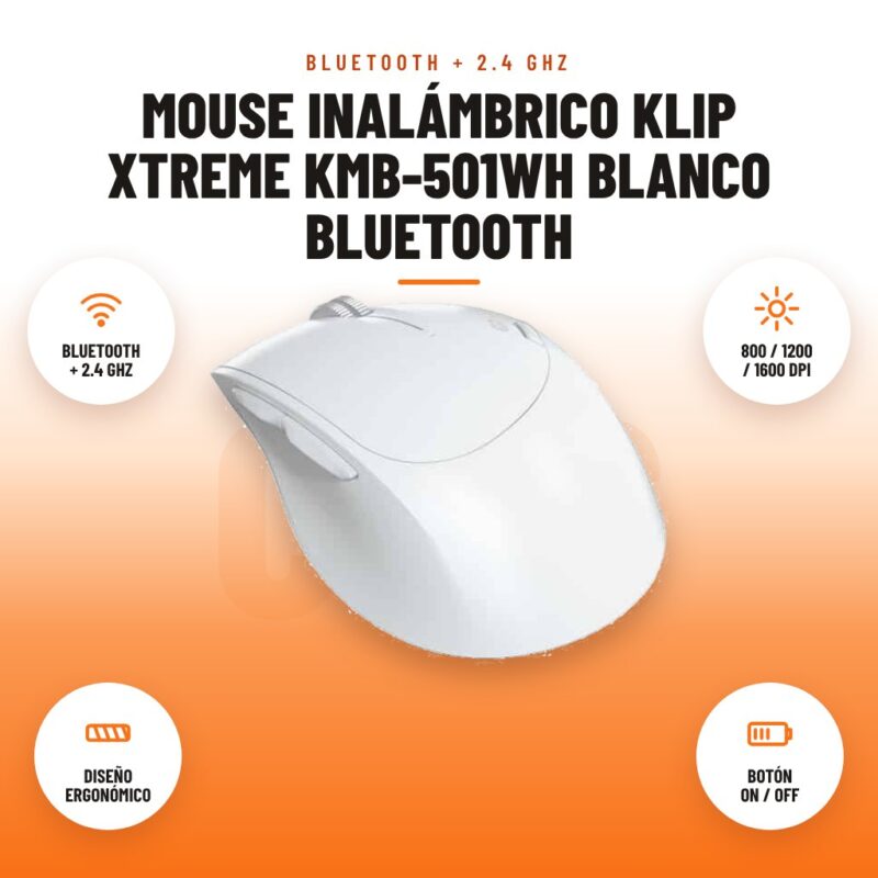 Mouse Inalámbrico Klip Xtreme KMB-501WH Blanco Bluetooth: imagen promocional con bluetooth + 2.4 ghz, 800 / 1200 / 1600 dpi, diseño ergonómico, botón on / off