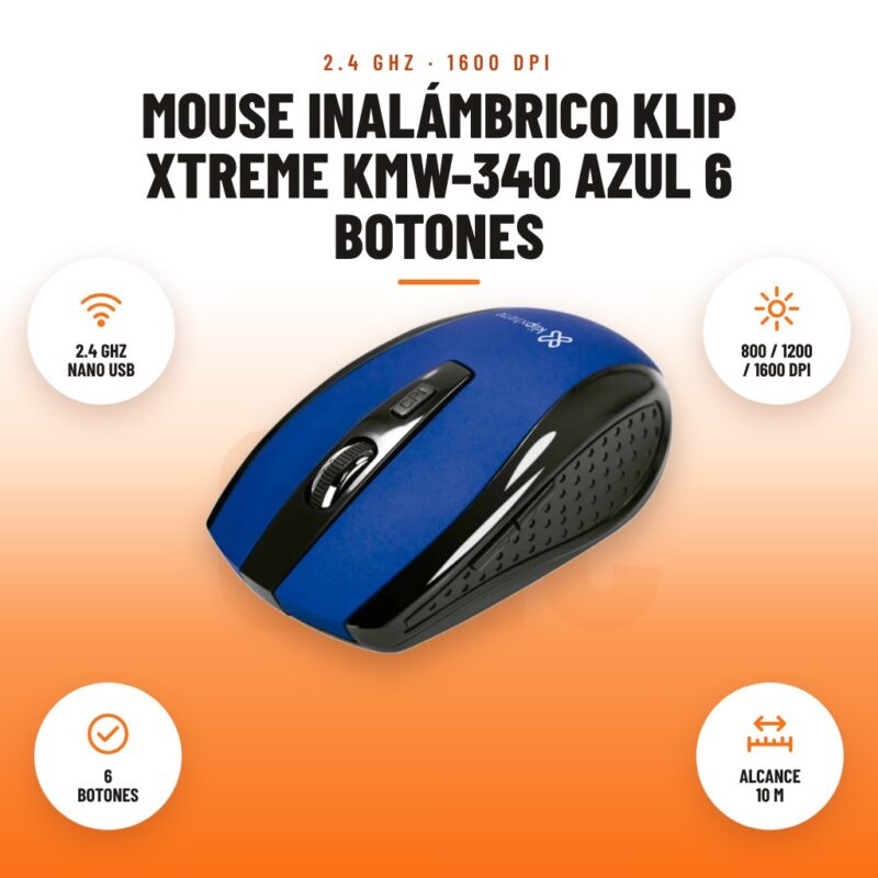 Mouse Inalámbrico Klip Xtreme KMW-340 Azul 6 Botones: imagen promocional con 2.4 ghz nano usb, 800 / 1200 / 1600 dpi, 6 botones, alcance 10 m