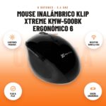 Mouse Inalámbrico Klip Xtreme KMW-500BK Ergonómico 6: imagen promocional con 6 botones program., receptor nano 2,4 ghz, plug & play, diseño ergonómico