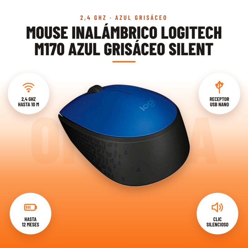 Mouse Inalámbrico Logitech M170 Azul Grisáceo Silent: imagen promocional con 2,4 ghz hasta 10 m, receptor usb nano, hasta 12 meses, clic silencioso