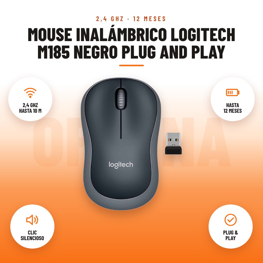 Mouse Inalámbrico Logitech M185 Negro Plug and Play: imagen promocional con 2,4 ghz hasta 10 m, hasta 12 meses, clic silencioso, plug & play
